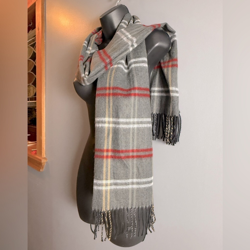 "Softer Than Cashmere" Scarf 100% Acrylic Gray Plaid 65" x 12" + Fringe Unisex